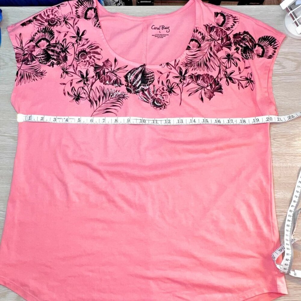 Coral Bay Blouse Womens L Peach Floral Seashell Silver Beaded Neck Short Sleeve - Picture 11 of 14